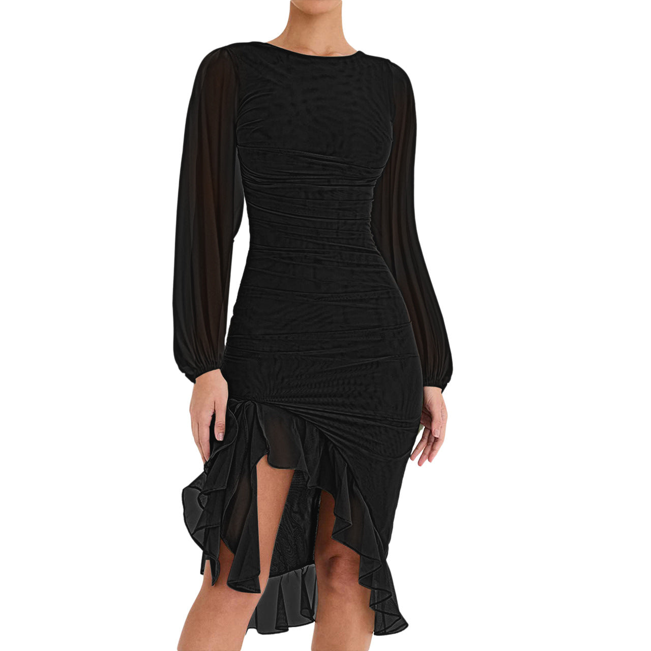 BamBam Women Long Sleeve Mesh See-Through Clipped Ruffle Dress - BamBam Clothing