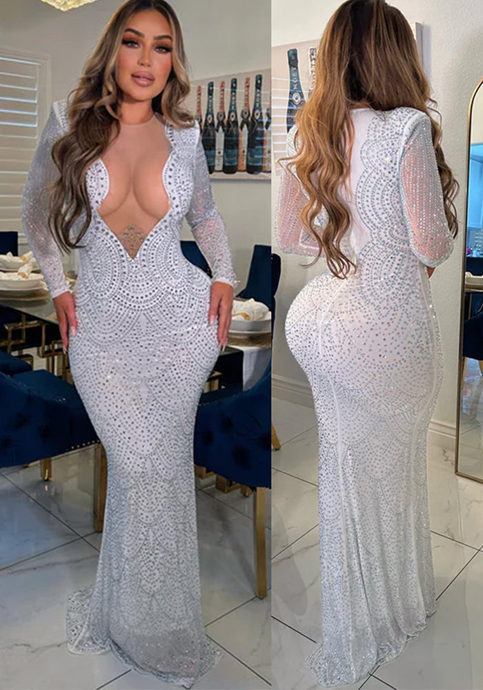 Women Sexy See-Through Mesh Beaded Dress