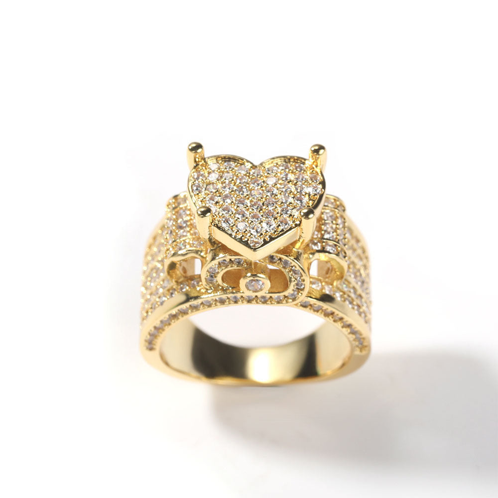 BamBam Hip-hop micro-inlaid zircon Heart Print ring heavy industry full diamond retro ring trend jewelry - BamBam