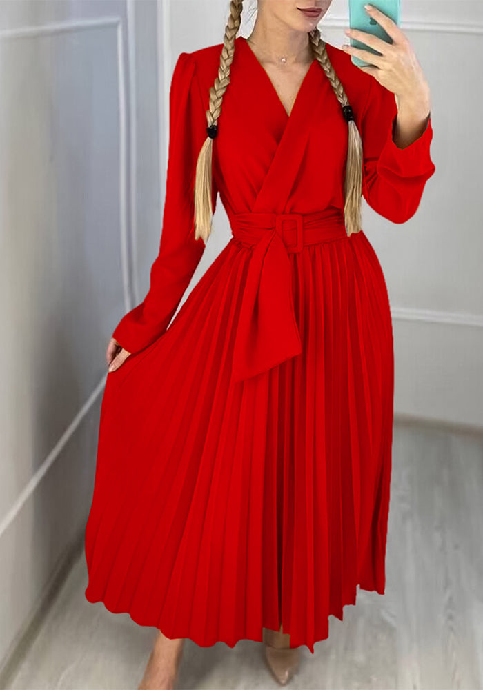 V-Neck Chic Elegant Slim Waist Belted Pleated High Waist Plus Size Dress