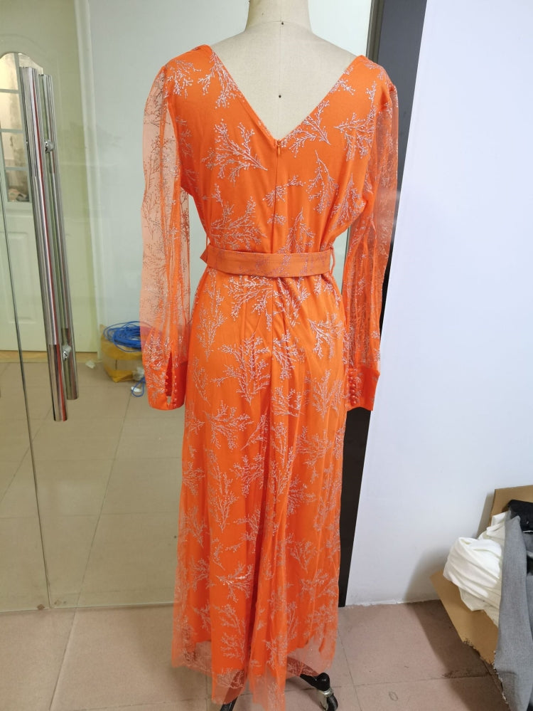 BamBam Spring Elegant Plus Size Orange V-neck Long Sleeve High Waist Slit Evening Dress - BamBam