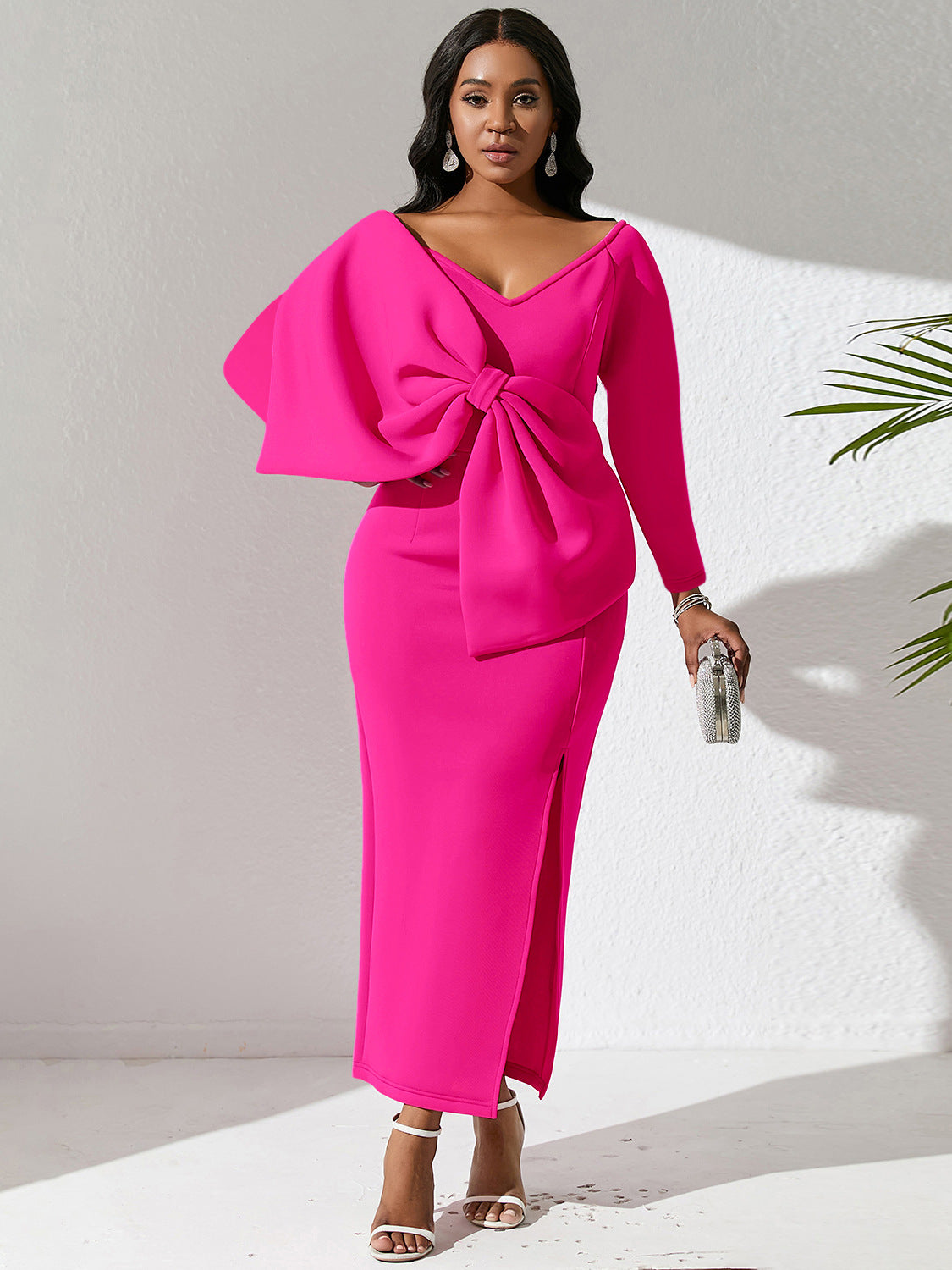 BamBam Deep V Bow High Waist Plus Size Women's Party Maxi Dress - BamBam Clothing