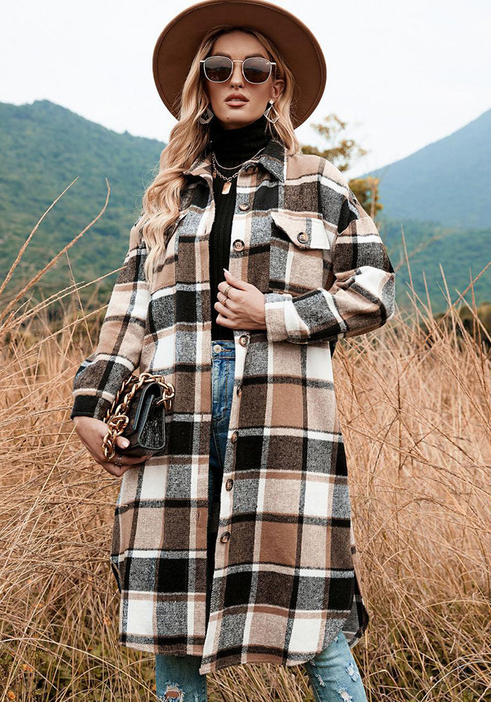 Autumn And Winter Chic Windbreaker Coat Side Slit Turndown Collar Loose Plaid Shirt Jacket