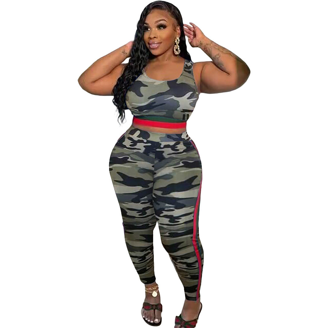 BamBam Women Camouflage Print Casual Tank Top and Contrast Pants Casual Two-Piece Set - BamBam