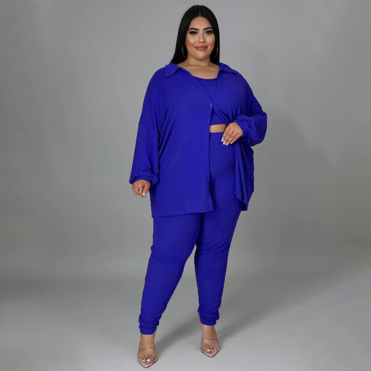 BamBam Plus Size Women Ribbed Solid Color Three-Piece Casual Sexy Pants Set - BamBam