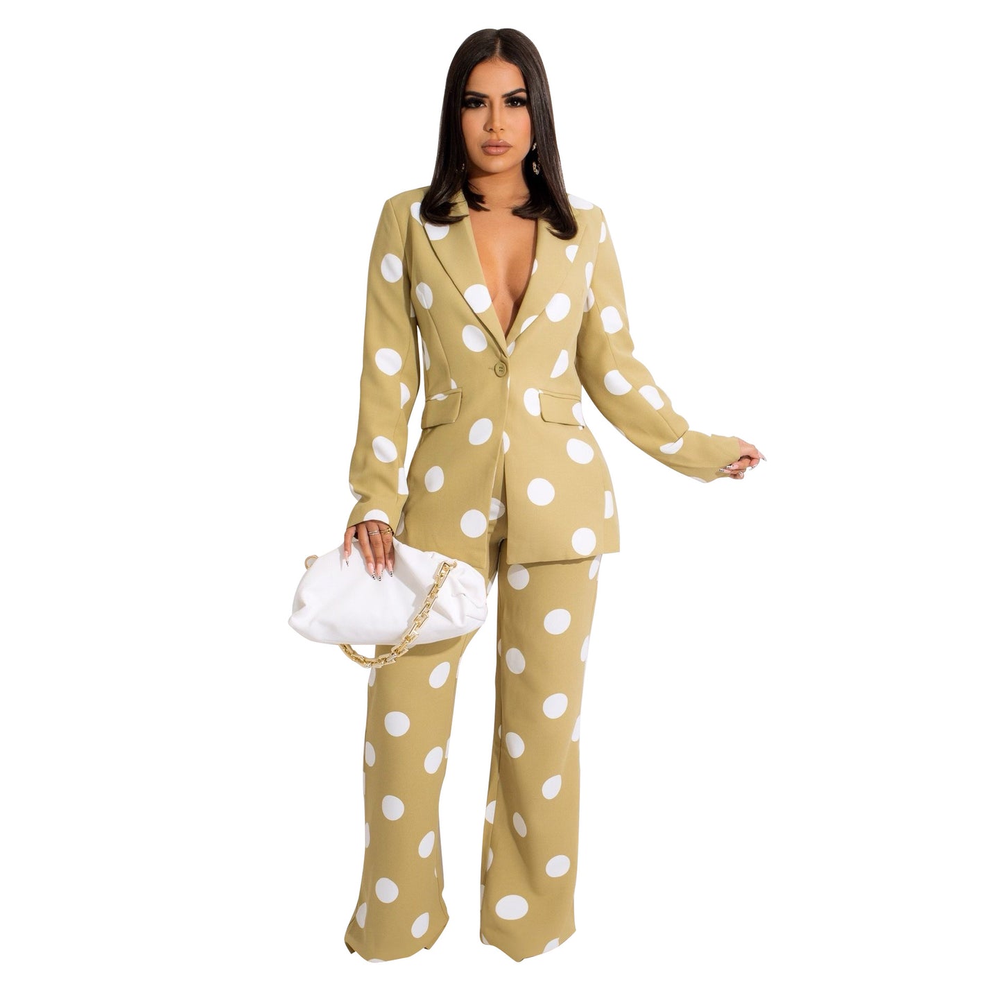 BamBam Women's Fashion Casual Polka Dot Print Blazer Pants Two Piece Suit - BamBam Clothing