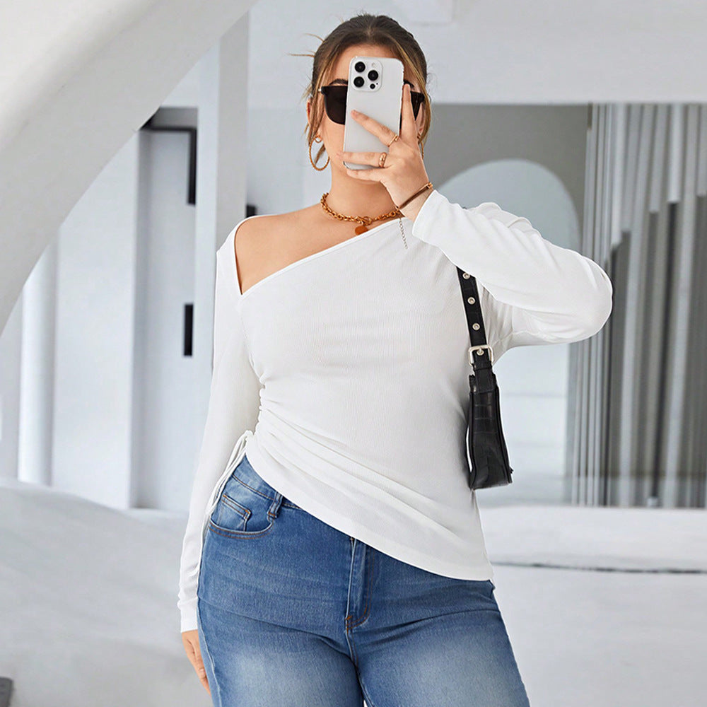 BamBam Plus Size Women High Long Sleeve Slash Shoulder Off-the-Shoulder Irregular Pleated T-Shirt - BamBam