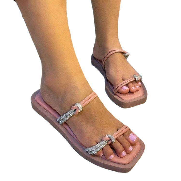 BamBam Summer Plus Size Women's Shoes Simple Rhinestone Pu Knot Thick Bottom Square Toe Slip-On Slippers Women - BamBam