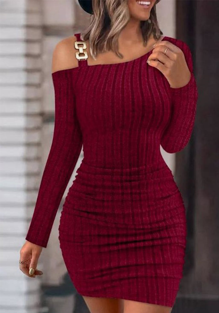 Autumn And Winter Solid Color Metal Buckle Slash Shoulder Tight Fitting Sexy Long-Sleeved Bodycon Slim Dress For Women