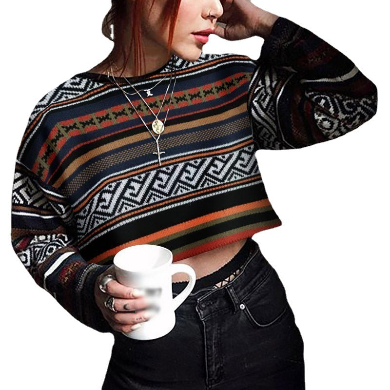 BamBam Autumn Winter Women's Fashion Sweater Color block Crop Round Neck Long Sleeve Top Women - BamBam