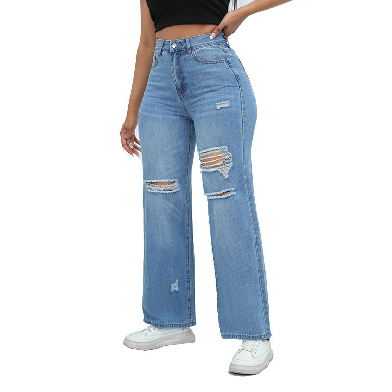BamBam Straight-Leg Jeans Chic Washed Ripped Wide-Leg Denim Pants For Women - BamBam