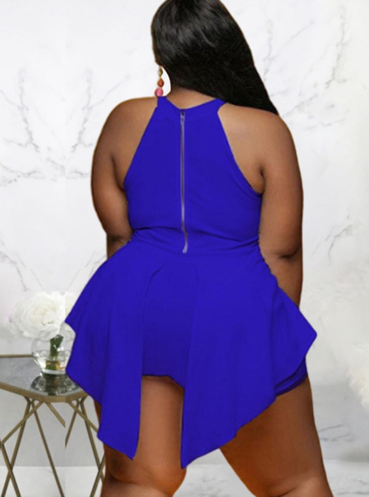 BamBam Women Summer Blue Sexy O-Neck Sleeveless Print Mini Asymmetrical Plus Size Playsuit - BamBam Clothing