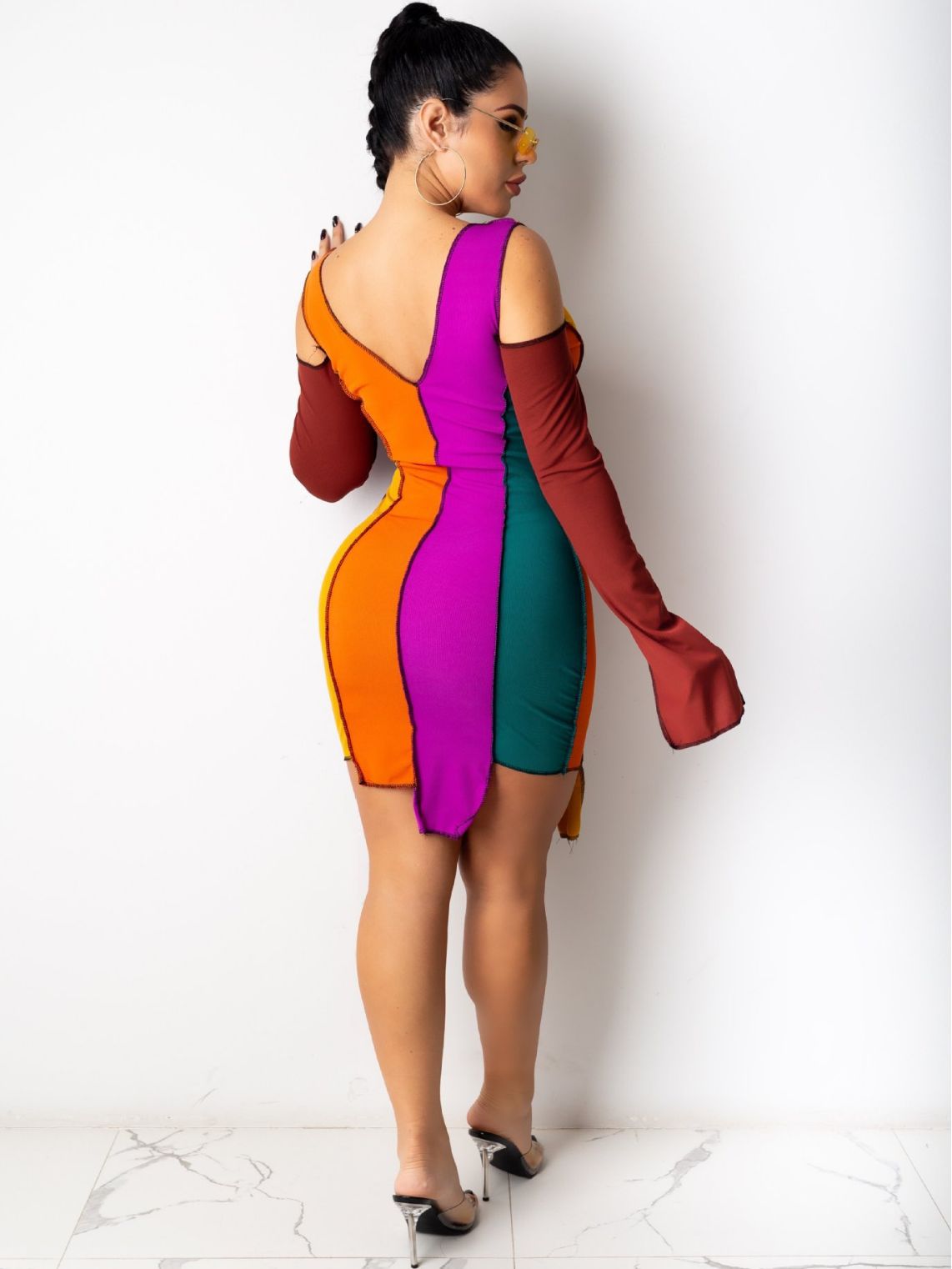 BamBam Women Color Blocked Off-Shoulder V-Neck Sexy Dress - BamBam Clothing