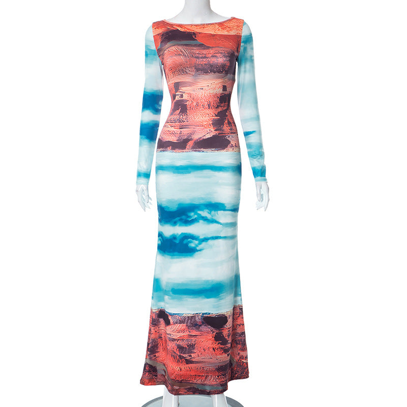 BamBam Women Fall Casual Hand Painted Printed Long Sleeve Round Neck Dress - BamBam