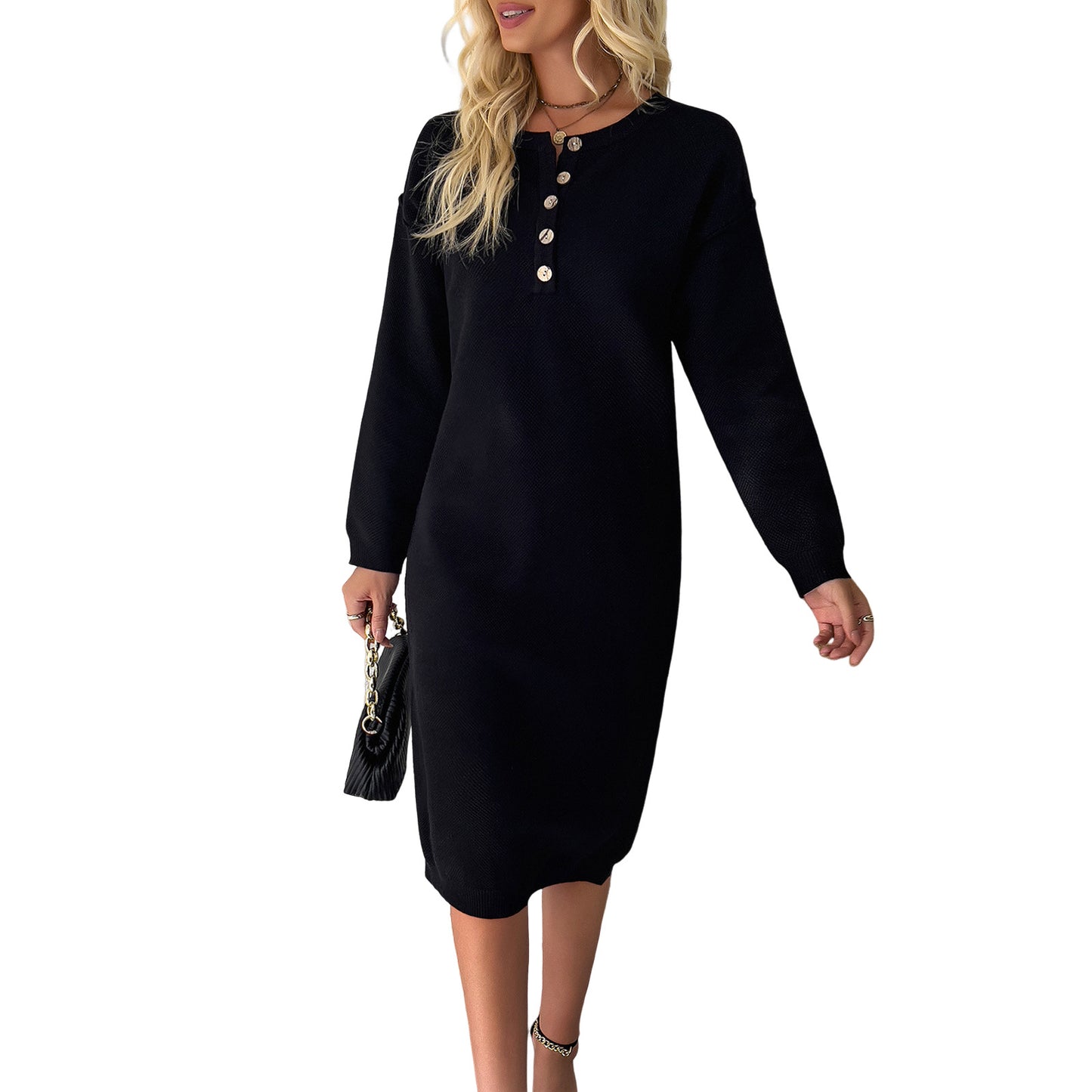 BamBam Women Winter Casual Round Neck Sweater Dress - BamBam