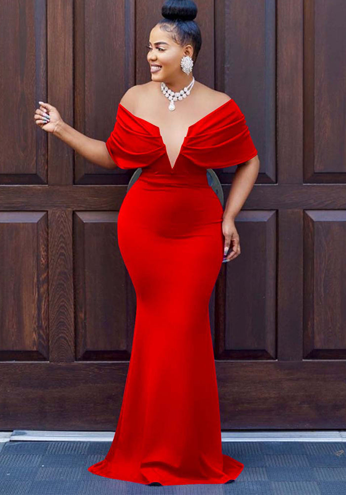 Women's Fashion Solid Color Off Shoulder Deep V Low Back Mermaid Dress