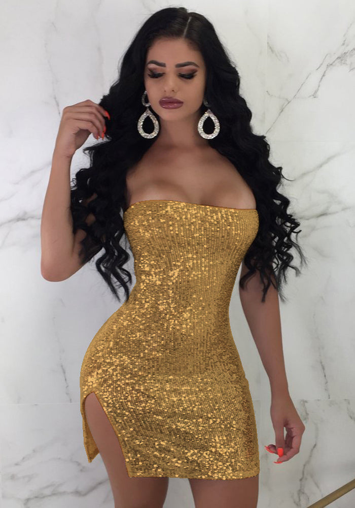 Women'S Sexy Strapless Slit Sequin Nightclub Dress