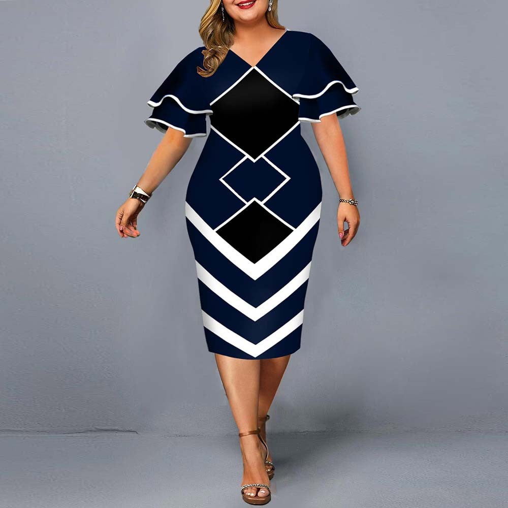 BamBam Fall Digital Print Flying Sleeve Plus Size Women's Dress - BamBam