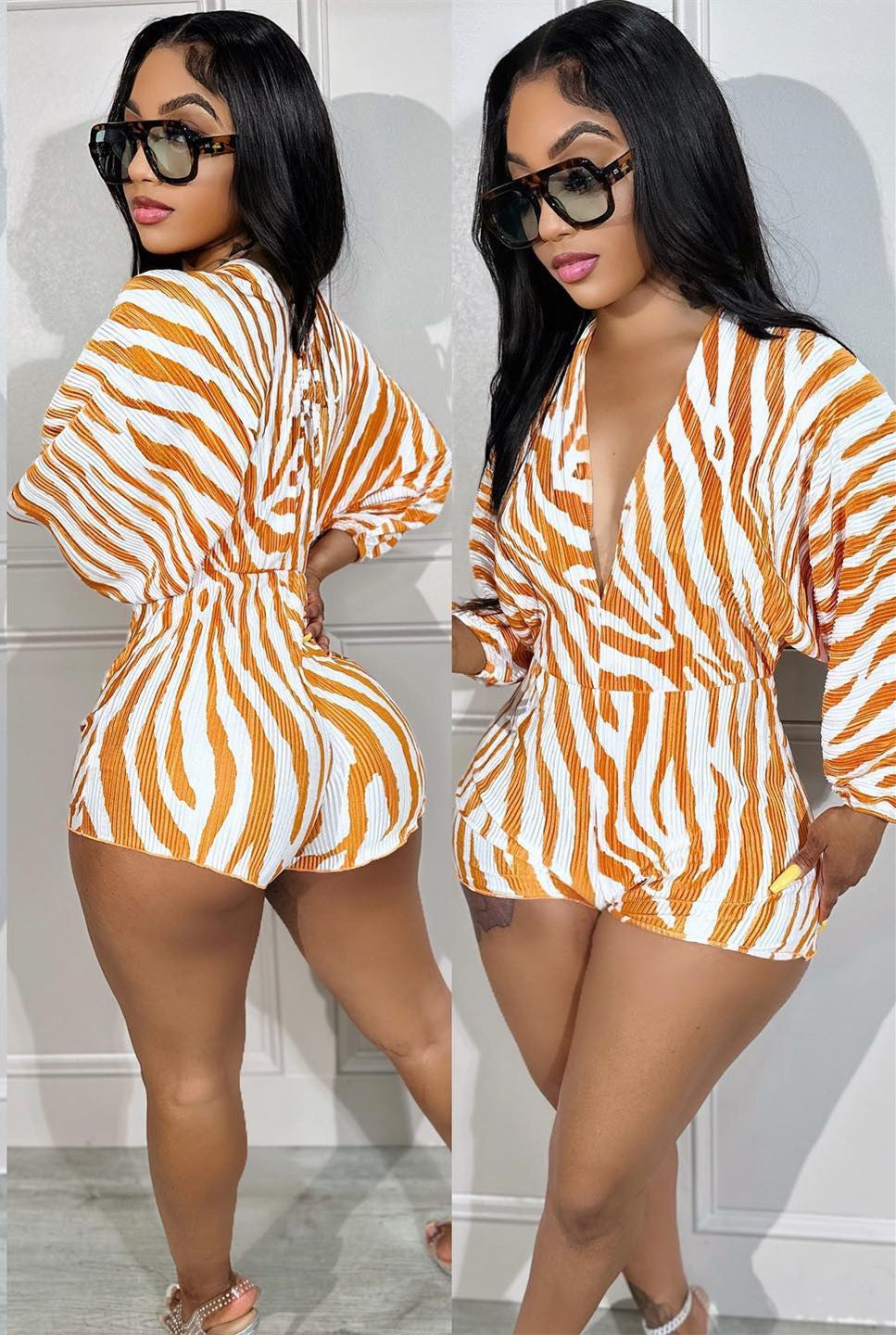 BamBam Autumn Women's Fashion Ribbed Digital Printing Long Sleeve V-Neck Sexy Rompers - BamBam