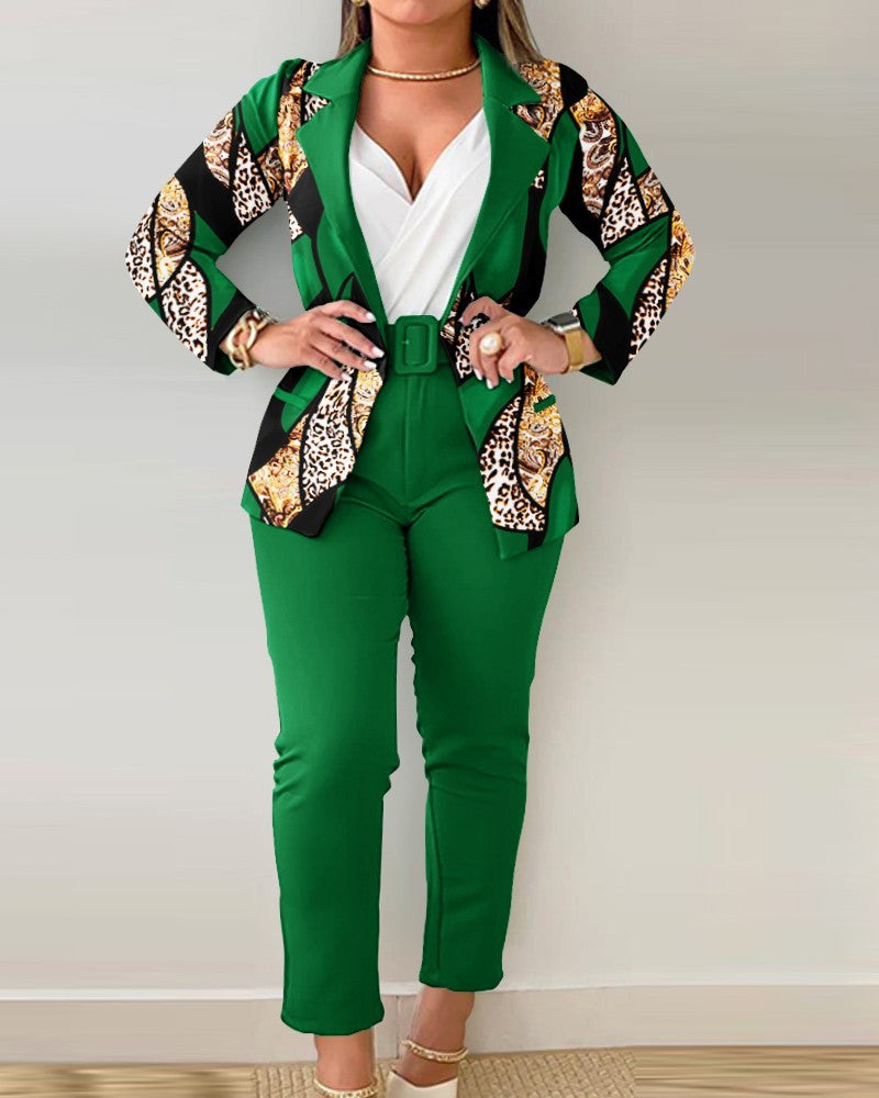 BamBam Women autumn and winter Blazer and trousers two-piece set with belt - BamBam Clothing
