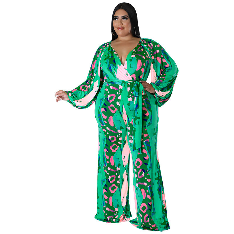 BamBam Plus Size Women Fall Print Sexy Off Shoulder Long Sleeve Jumpsuit - BamBam Clothing