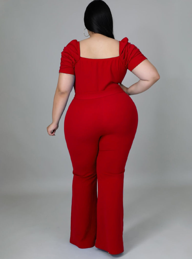 BamBam Women Summer Red Formal Sweetheart Neck Short Sleeves Solid Belted Full Length Regular Plus Size Jumpsuit - BamBam Clothing