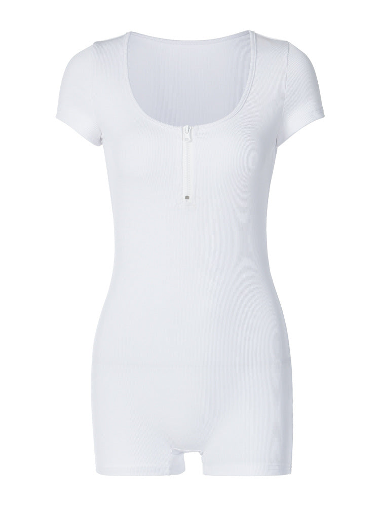 BamBam Women Zip Short Sleeve Solidu Collar Romper - BamBam