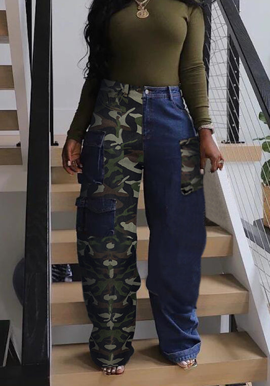 Women Denim Patchwork Camo Pocket Cargo Pants