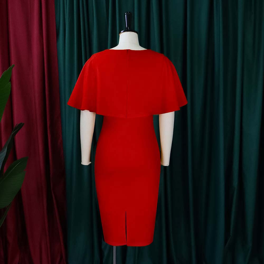 BamBam Women Summer Red Formal V-neck Cape Sleeve Solid Midi Sheath Office Dress - BamBam