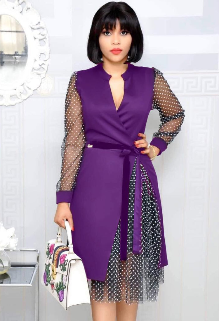 Autumn Plus Size Formal Mesh Patch Polka Dot Purple Knee-Length Office Dress