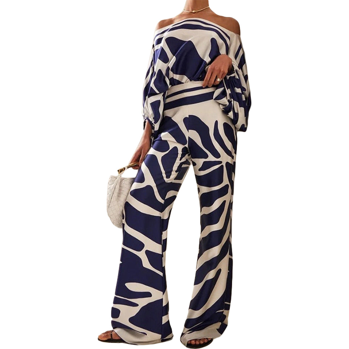 BamBam Women Casual Loose Off Shoulder Top and Printed Wide Leg Pants Two-piece Set - BamBam