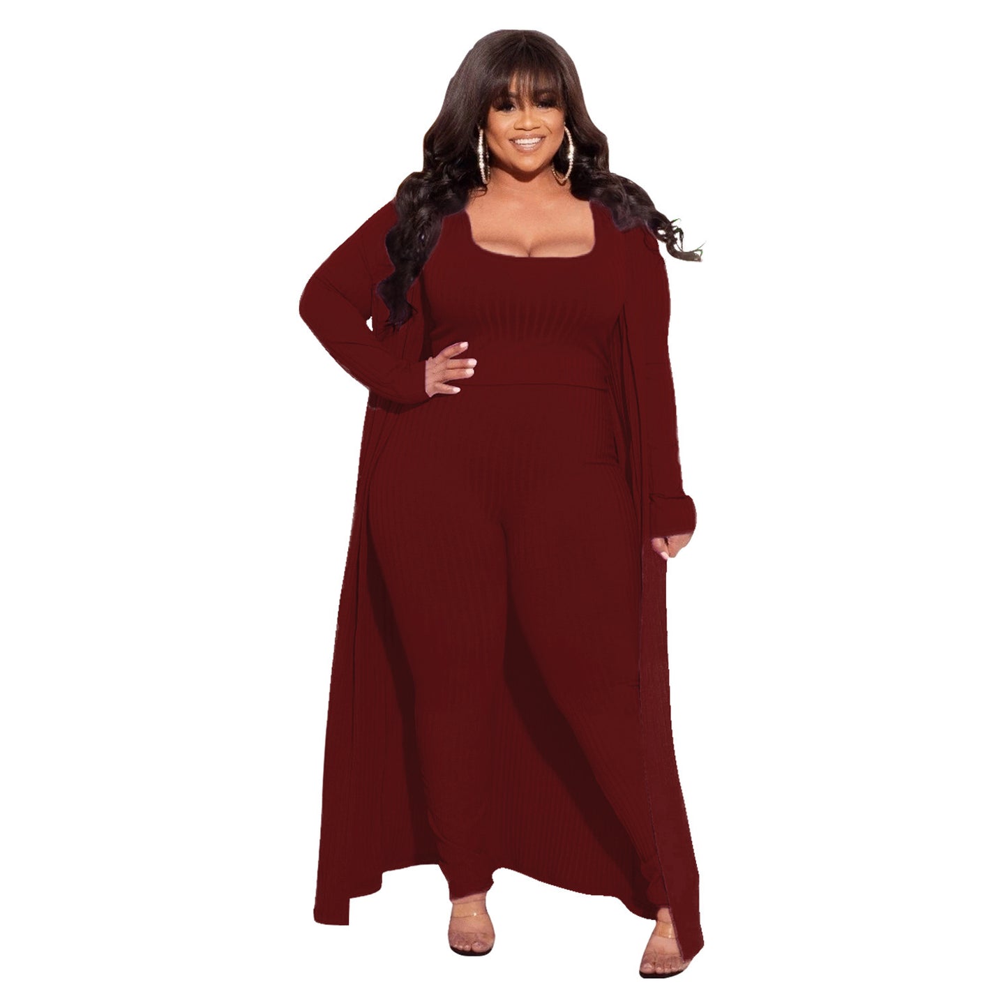 BamBam Autumn And Winter High Stretch Ribbed Three-Piece Plus Size Fashionable And Sexy Pants Set - BamBam