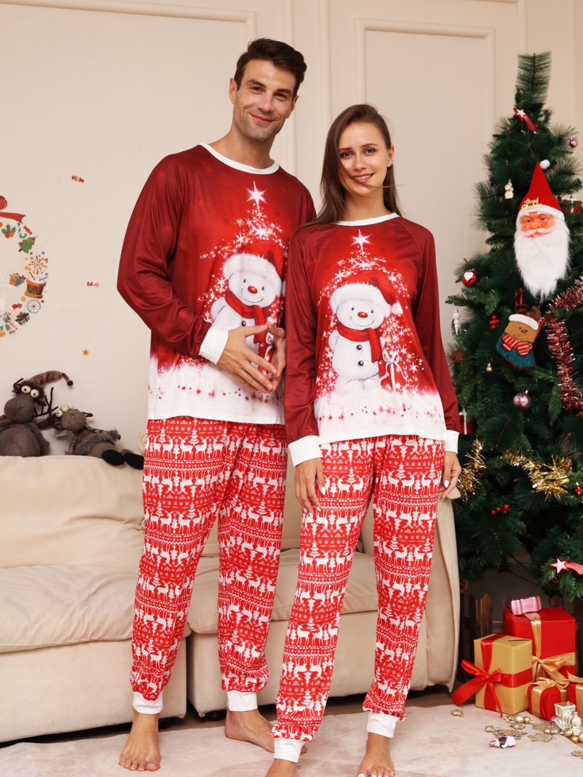 BamBam Christmas Family Wear Cartoon Snowman Fawn Printed Home Clothes Pajama Two-piece Set - BamBam