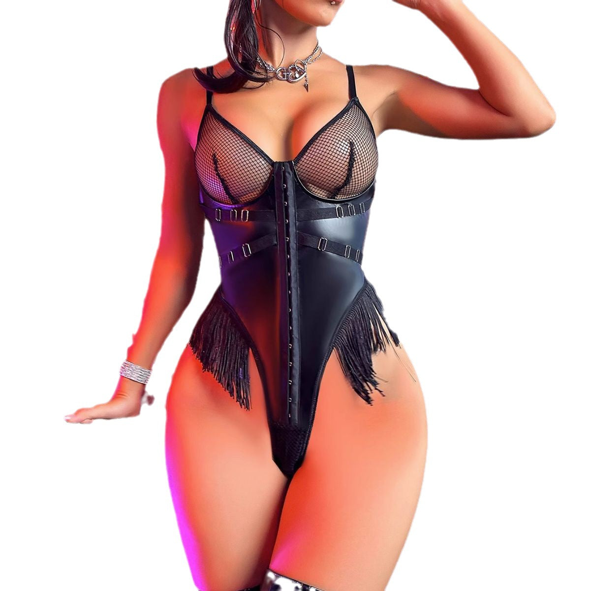 BamBam Women PU-Leather one-piece See-Through zipper Sexy Lingerie - BamBam