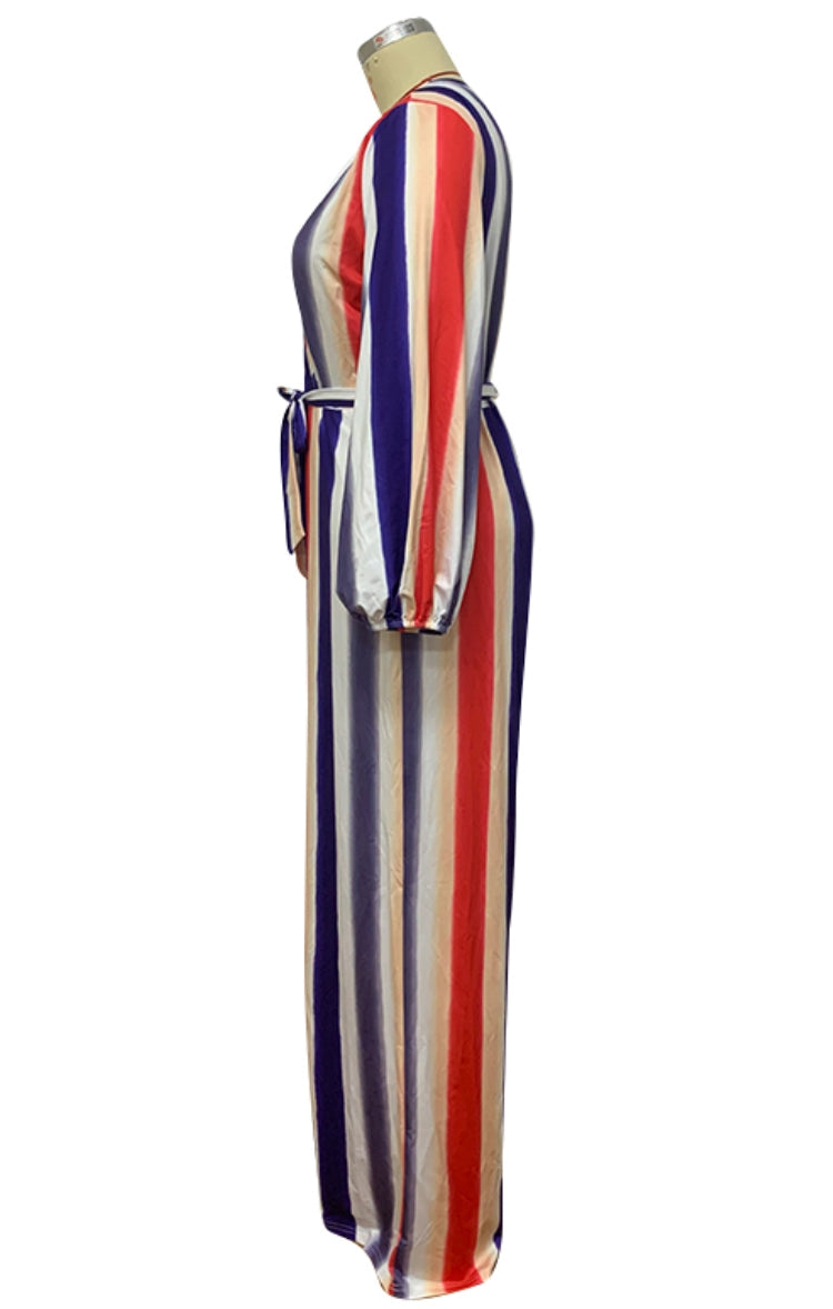 BamBam Autumn Plus Size Colorful Stripes V-Neck Jumpsuit with Belt - BamBam Clothing