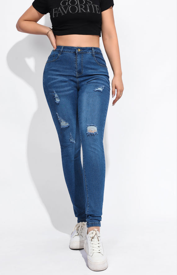 BamBam Plus Size Women Stretch Ripped Denim Pants - BamBam