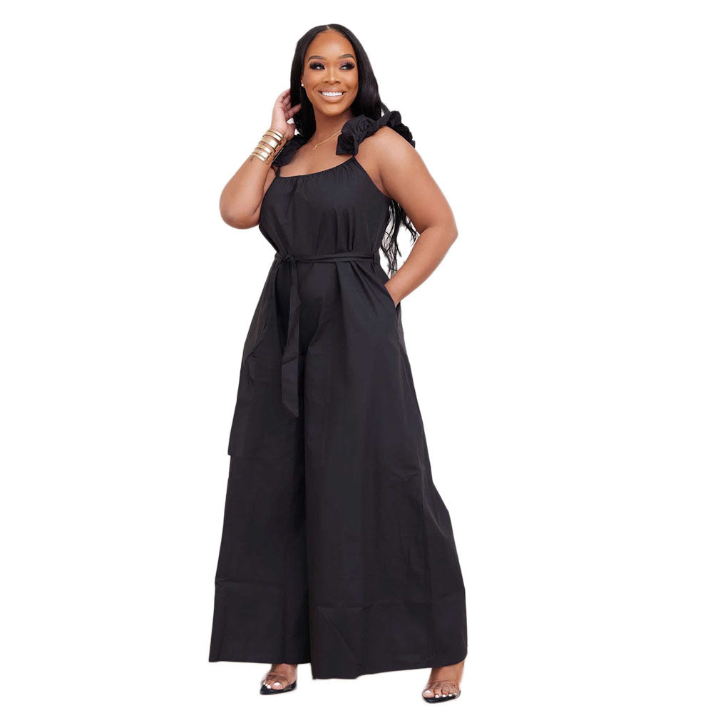 BamBam Plus Size Lace Strap Back Cutout Solid Plus Size Cool Silk Loose Fit Jumpsuit - BamBam Clothing
