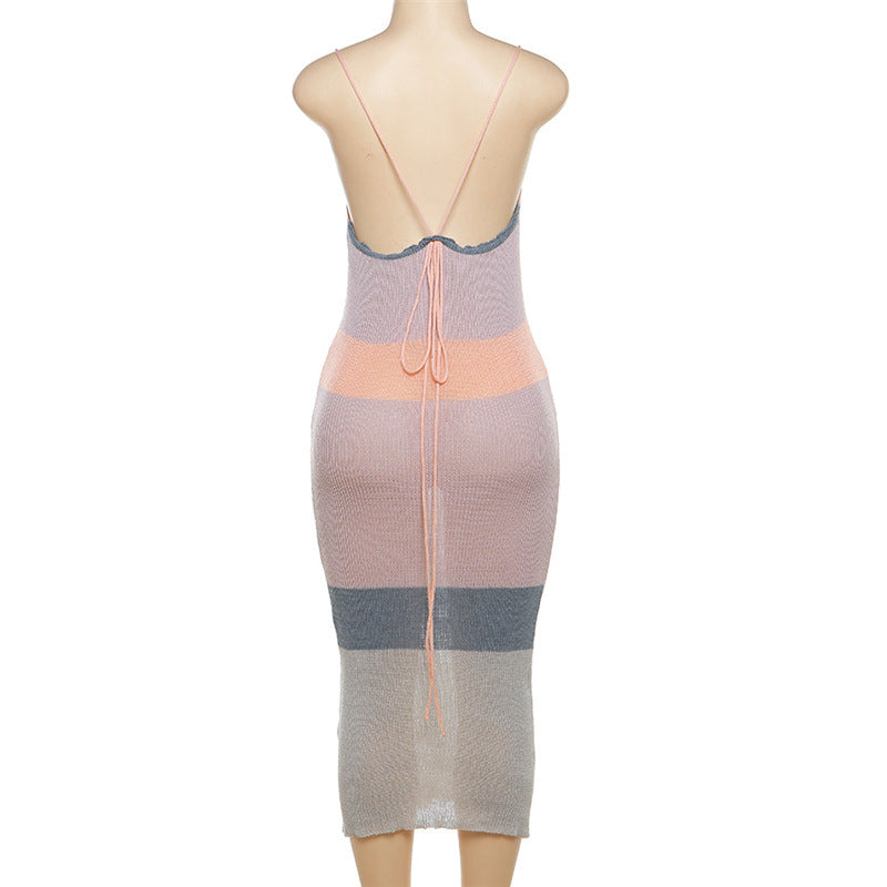 BamBam Women Sexy Backless Contrasting Long Dress with straps - BamBam