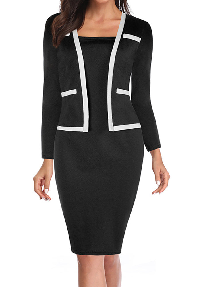 Women's Three Quarter Sleeve Fake Two Piece Patchwork Professional Bodycon Dress