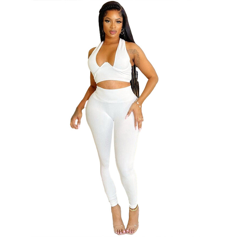 BamBam Autumn Women's Solid Color Slim Sleeveless Crop Tank Top Tight Fitting High Waist Casual Pants Suit - BamBam