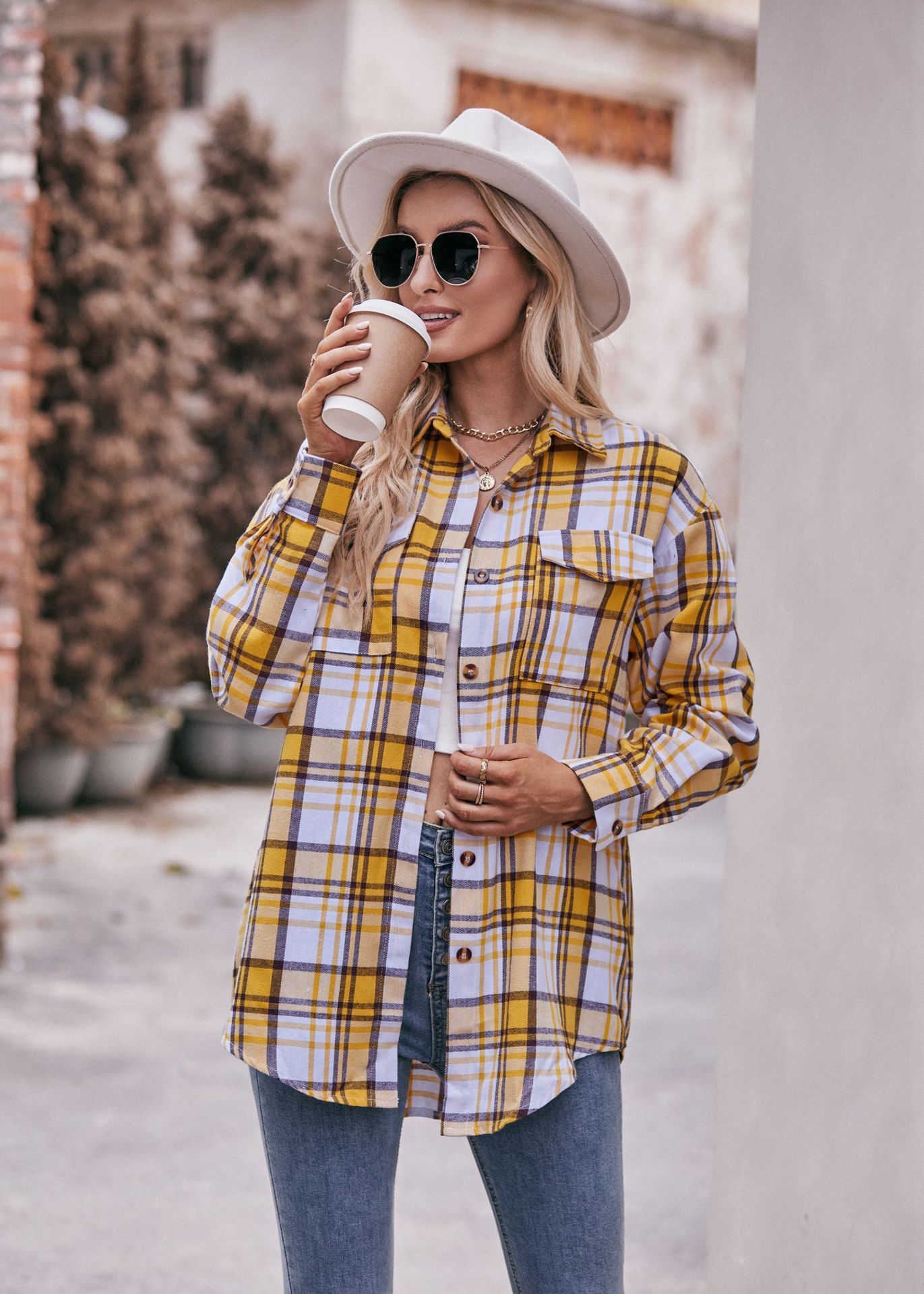 BamBam Women Casual oversize loose plaid shirt - BamBam