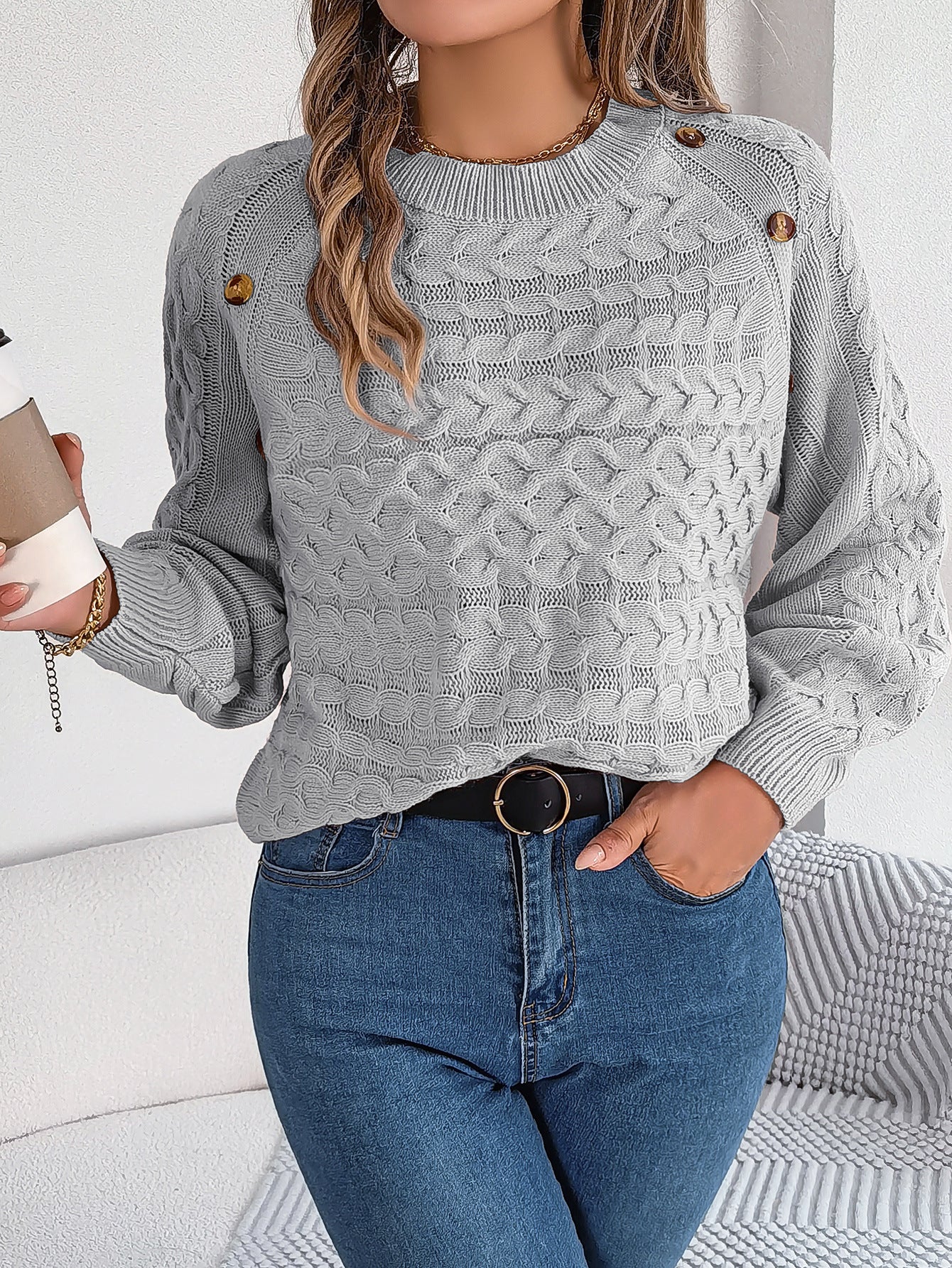 BamBam Autumn And Winter Solid Color Button Lantern Sleeve Pullover Sweater For Women - BamBam