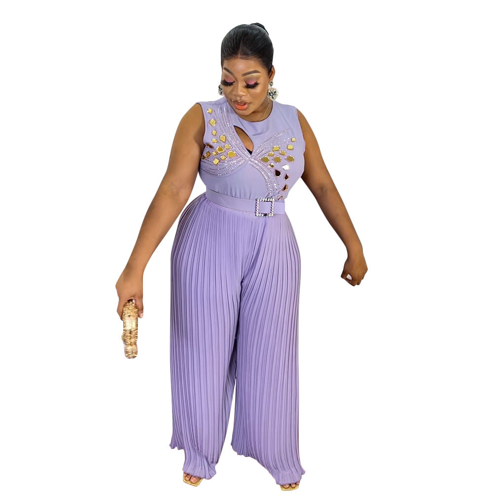 BamBam Ladies Round Neck Sleeveless Beaded Casual Loose Pleated Jumpsuit With Belt - BamBam Clothing