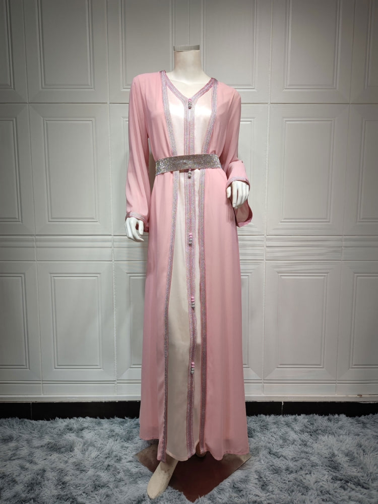 BamBam Women Spring Pink Tape Belted Islamic Clothing Kaftan Abaya Muslim Dress two piece set - BamBam