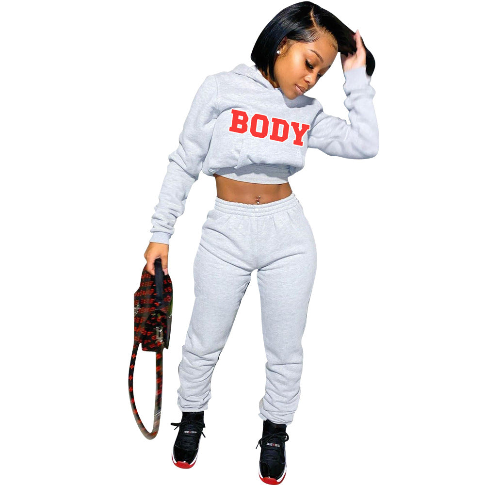 BamBam Women's Letter Print Hoodies Hooded Two Piece Tracksuit - BamBam