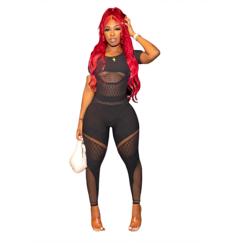 BamBam Summer Women Sexy Mesh See-Through Hollow Solid Jumpsuit - BamBam Clothing