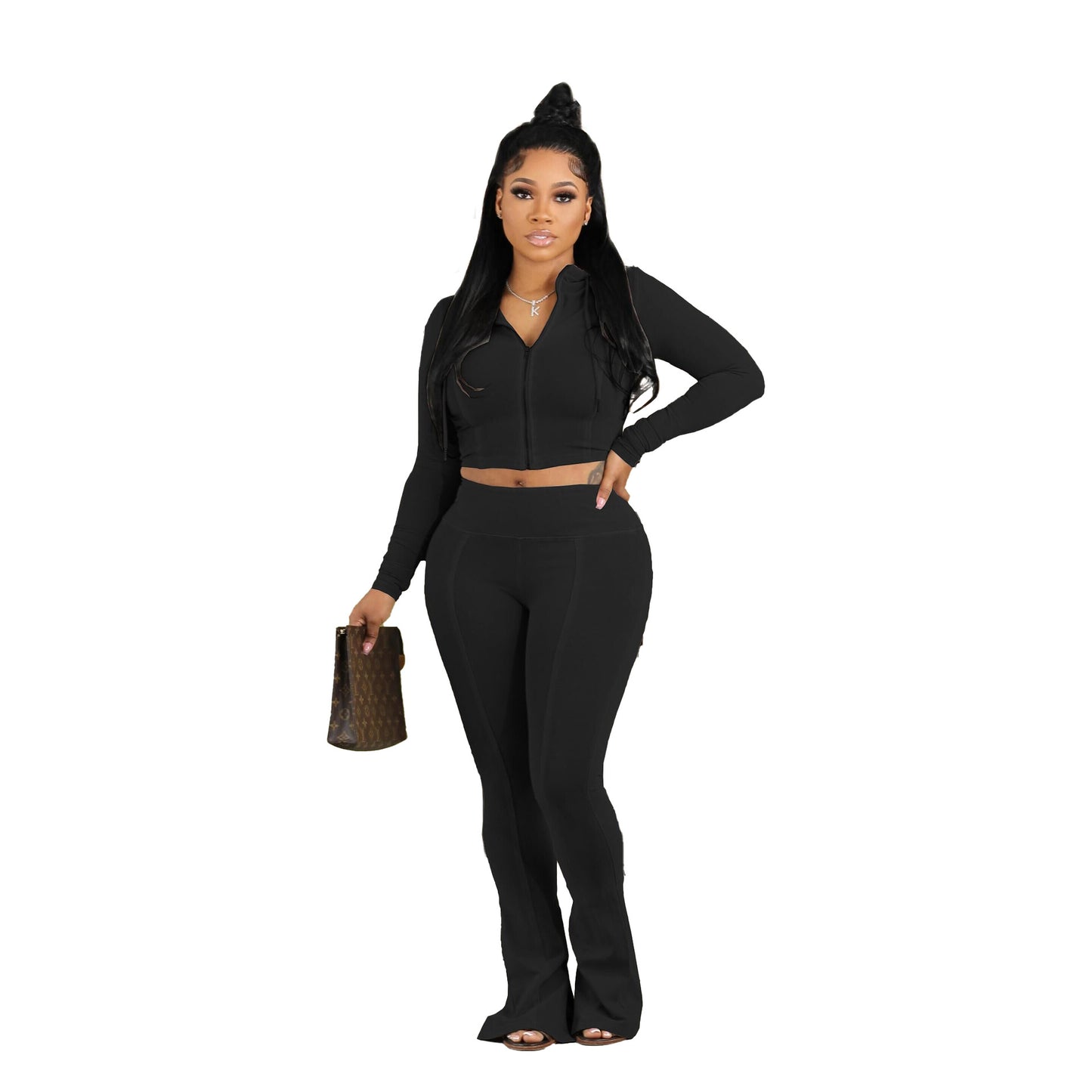 BamBam Sexy Solid Zipper Long Sleeve Crop Top Slim Pants Two Piece Club Suit - BamBam
