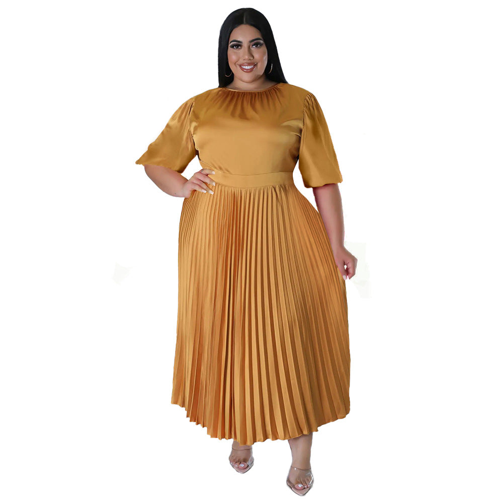 BamBam Plus Size Women's Fall Winter Pleated Round Neck Long Dress Short Sleeves - BamBam