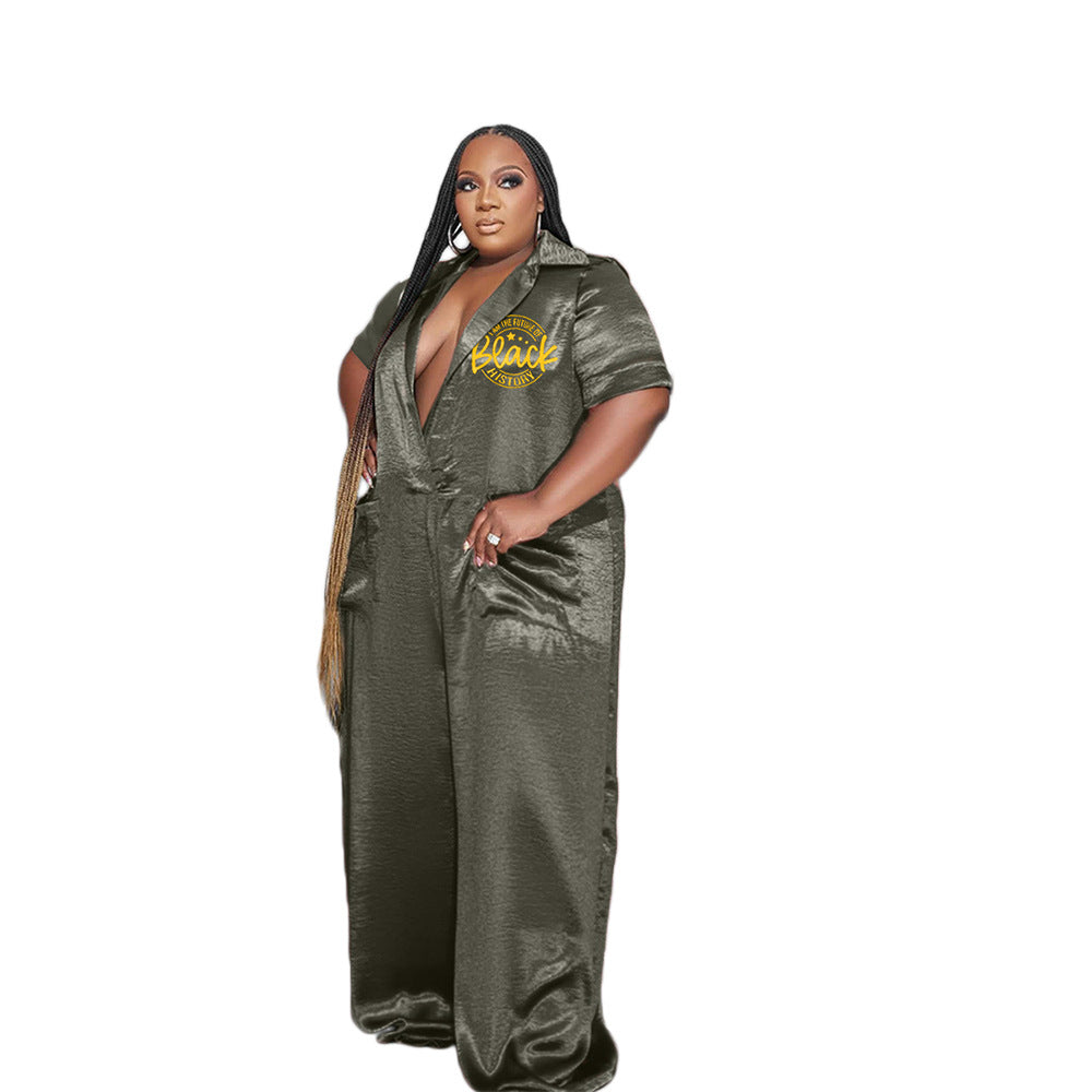 BamBam Plus Size Women Printed Deep V Neck Pocket Jumpsuit - BamBam Clothing