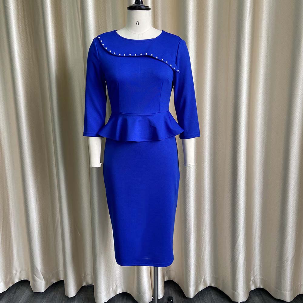 BamBam Women Spring Blue Modest O-Neck Three Quarter Sleeves Solid Rivet Midi Pencil Office Dress - BamBam